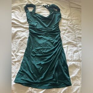 Lucy in the Sky Teal Halter Ruched Mini Dress with Cowl Neck